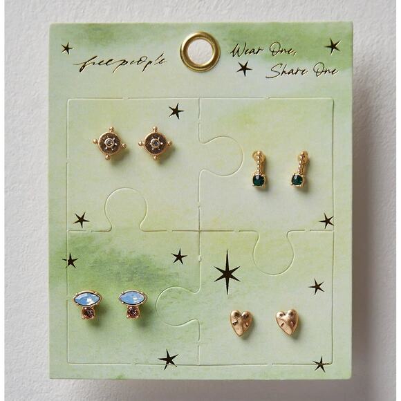 Free People Lucky Charm Stud Set Gold Tone Earrings Wear One Share One Puzzle - Picture 1 of 6